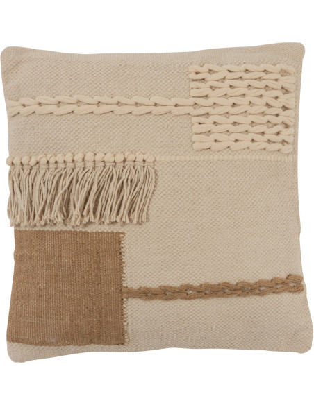 Coussin Carré Pieces 45x45 en Coton Beige Marron Avec franges - 1