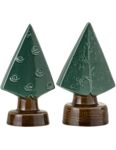 Décoration sur pied Sapin de Noël 15 cm en Porcelaine Vert Marron (Lot de 2) - 1