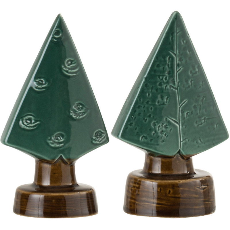 Décoration sur pied Sapin de Noël 15 cm en Porcelaine Vert Marron (Lot de 2) - 1
