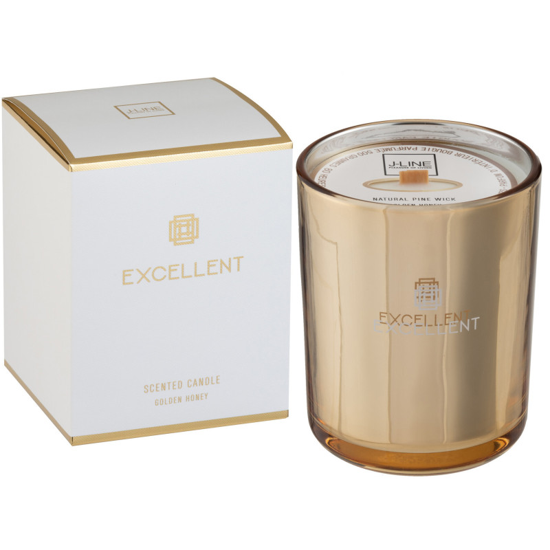 Bougie parfumée XXL Florale 80 heures Excellent Parfum Golden Honey avec photophore en Verre Doré - 1