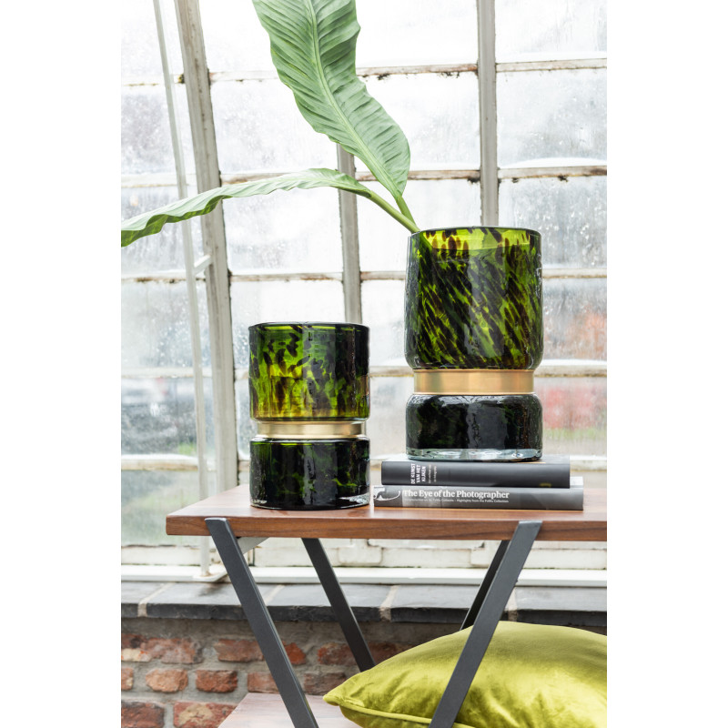 Vase Cylindrique Glymo Hauteur 25 cm en Verre Vert Laiton Doré Motif taches - 2