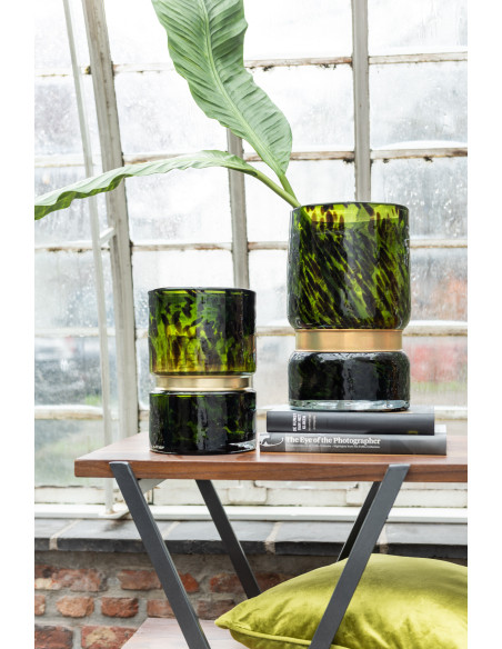 Vase Cylindrique Glymo Hauteur 25 cm en Verre Vert Laiton Doré Motif taches - 2