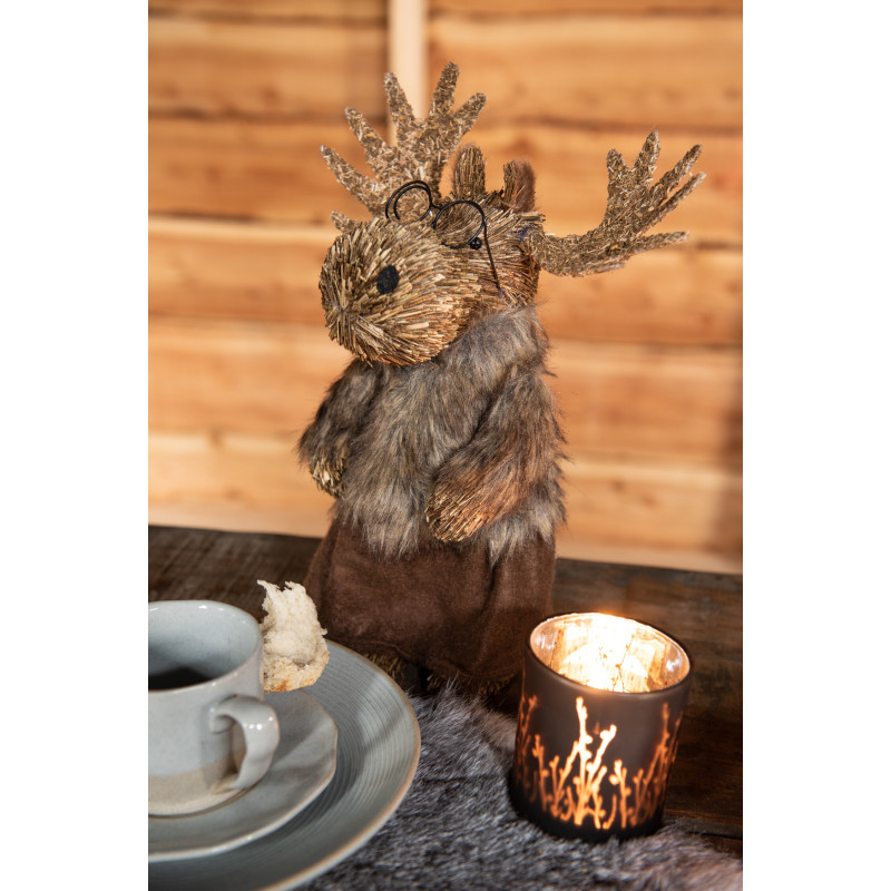 Décoration de Noël XL Élan avec lunettes 30 cm en Paille Naturel Polyester Marron (Lot de 2) - 2