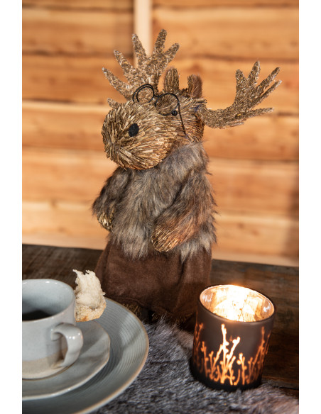 Décoration de Noël XL Élan avec lunettes 30 cm en Paille Naturel Polyester Marron (Lot de 2) - 2