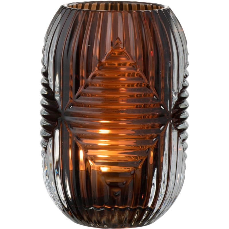 Photophore Cylindrique Vinisya Diamètre 9 cm en Verre Marron Motif lignes - 2