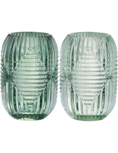 Photophore Cylindrique Vinisya Diamètre 9 cm en Verre Vert menthe Vert clair Motif lignes (Lot de 2) - 1