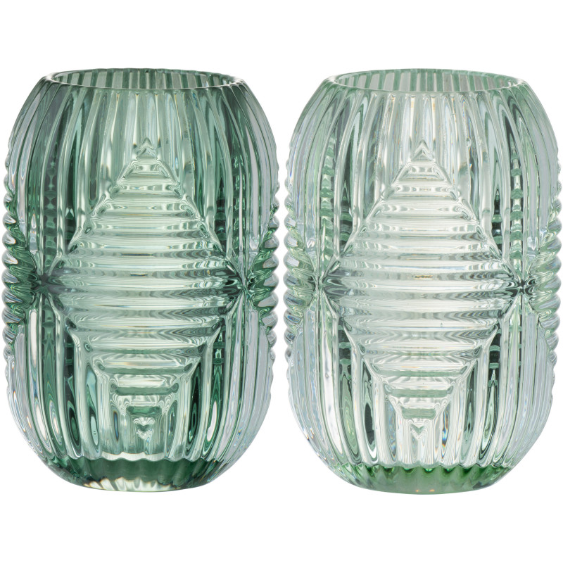 Photophore Cylindrique Vinisya Diamètre 9 cm en Verre Vert menthe Vert clair Motif lignes (Lot de 2) - 1