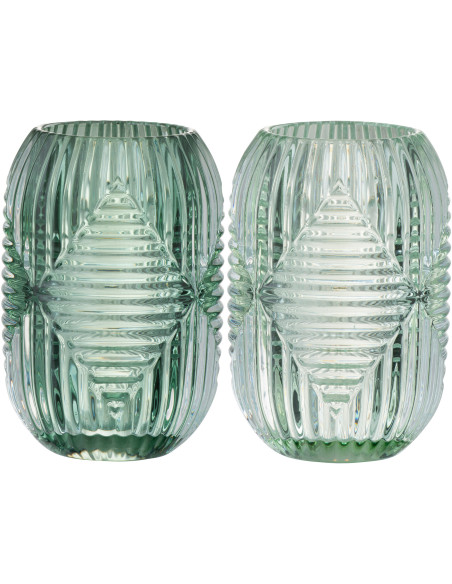 Photophore Cylindrique Vinisya Diamètre 9 cm en Verre Vert menthe Vert clair Motif lignes (Lot de 2) - 1