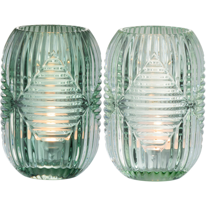 Photophore Cylindrique Vinisya Diamètre 9 cm en Verre Vert menthe Vert clair Motif lignes (Lot de 2) - 2