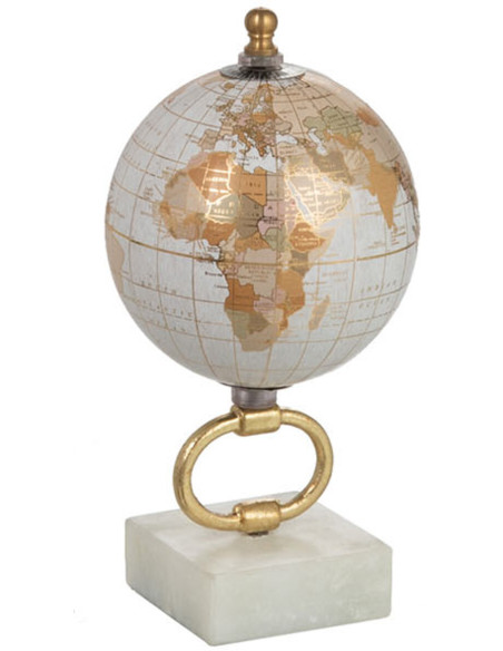 Globe terrestre décoratif Robyn Hauteur 20 cm en Marbre Blanc Métal Doré Plastique Blanc J-Line - 1