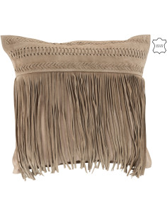 Coussin Carré Wildly 45x45 en Cuir véritable Gris clair Motif flêches Avec franges - 1