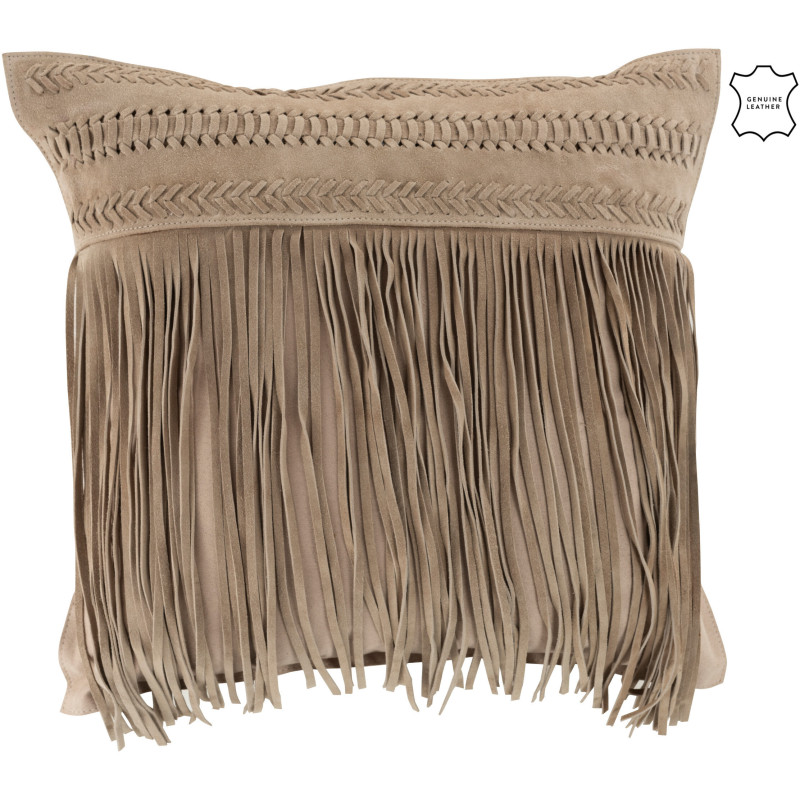 Coussin Carré Wildly 45x45 en Cuir véritable Gris clair Motif flêches Avec franges - 1