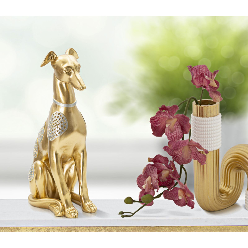 Statuette déco moderne Lévrier assis Hauteur 29 cm en Résine Doré Argenté Cane 
