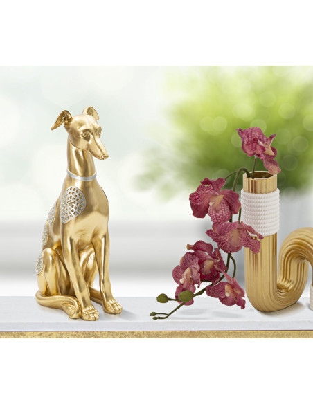 Statuette déco moderne Lévrier assis Hauteur 29 cm en Résine Doré Argenté Cane 