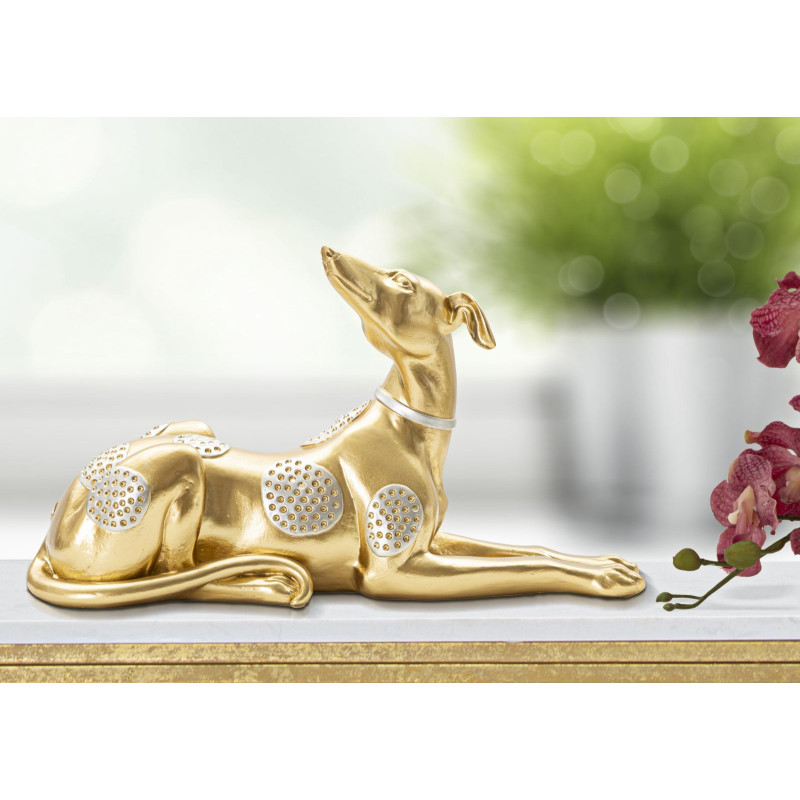 Statuette déco moderne Lévrier allongé 32 cm en Résine Doré Argenté Cane 