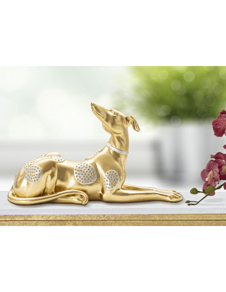Statuette déco moderne Lévrier allongé 32 cm en Résine Doré Argenté Cane 