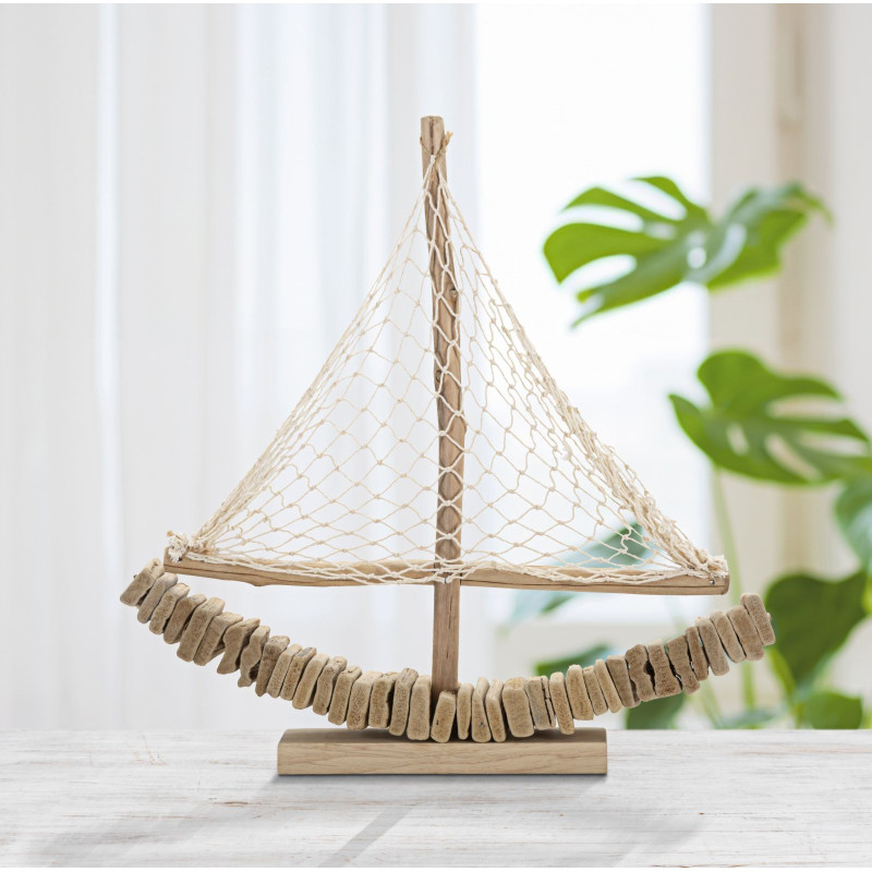 Sculpture Bord de mer Voilier 45 cm en Bois de pin Bois de hêtre Naturel Barca 