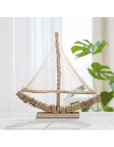 Sculpture Bord de mer Voilier 45 cm en Bois de pin Bois de hêtre Naturel Barca 