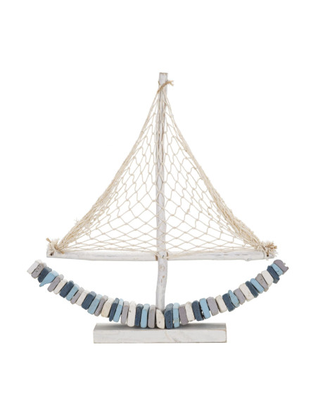 Sculpture Bord de mer Voilier 45 cm en Bois de pin Bois de hêtre Blanc Bleu Barca 
