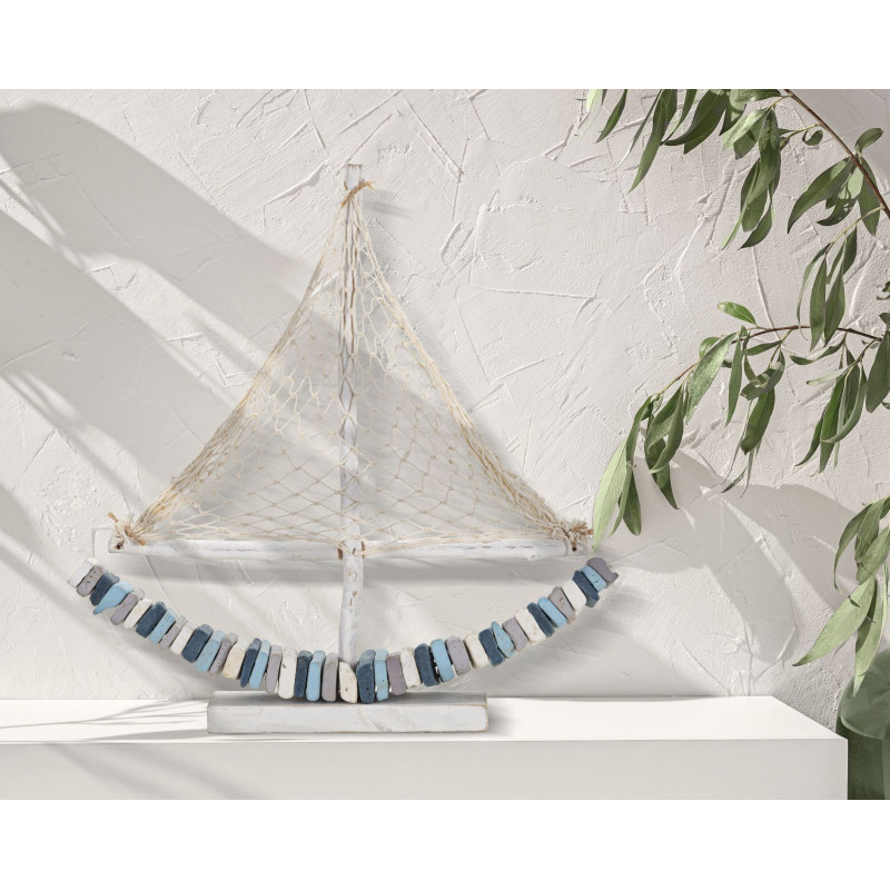 Sculpture Bord de mer Voilier 45 cm en Bois de pin Bois de hêtre Blanc Bleu Barca 