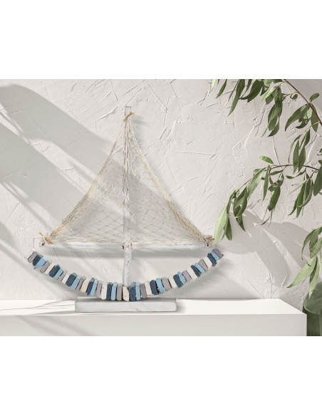 Sculpture Bord de mer Voilier 45 cm en Bois de pin Bois de hêtre Blanc Bleu Barca 