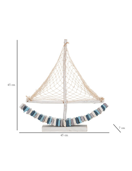 Sculpture Bord de mer Voilier 45 cm en Bois de pin Bois de hêtre Blanc Bleu Barca 