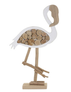 Sculpture moderne Flamant rose Hauteur 56 cm en Bois de pin Bois de hêtre Naturel Blanc Flamingo 