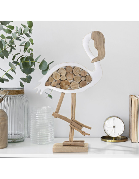 Sculpture moderne Flamant rose Hauteur 56 cm en Bois de pin Bois de hêtre Naturel Blanc Flamingo - 2