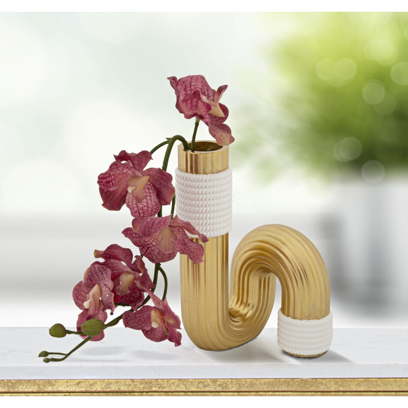 Vase design original Tuyau Hauteur 18 cm en Résine Doré Blanc Bann 