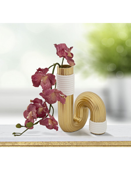 Vase design original Tuyau Hauteur 18 cm en Résine Doré Blanc Bann 