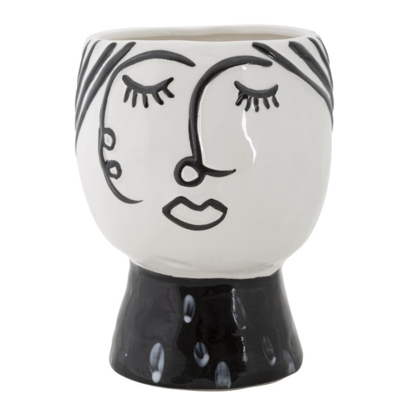 Vase moderne sur pied Visage abstrait Rond Hauteur 18 cm en Porcelaine Noir Blanc Face 