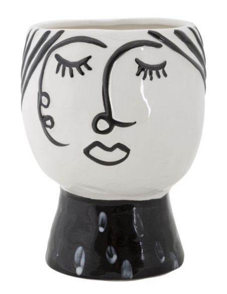 Vase moderne sur pied Visage abstrait Rond Hauteur 18 cm en Porcelaine Noir Blanc Face 