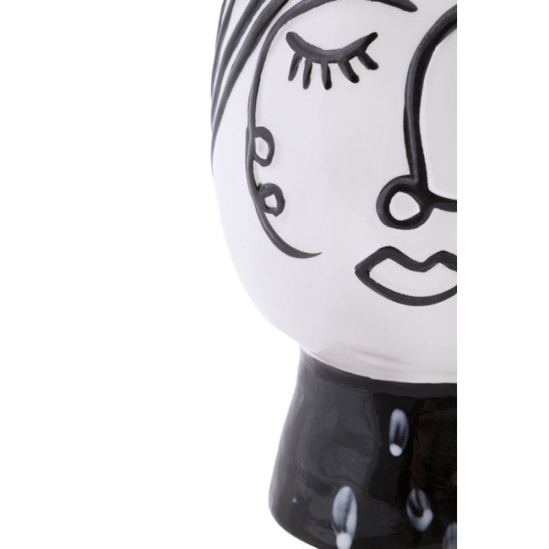 Vase moderne sur pied Visage abstrait Rond Hauteur 18 cm en Porcelaine Noir Blanc Face 
