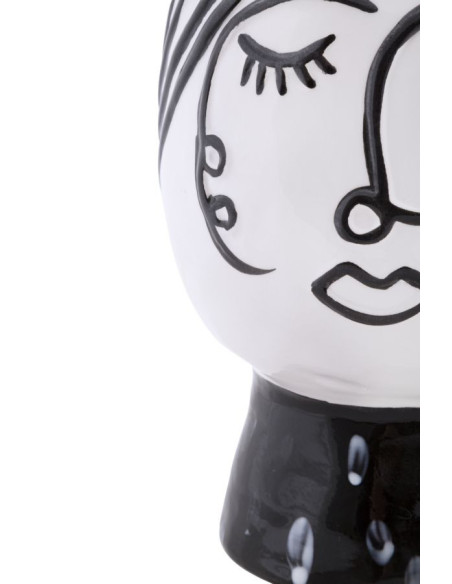 Vase moderne sur pied Visage abstrait Rond Hauteur 18 cm en Porcelaine Noir Blanc Face 