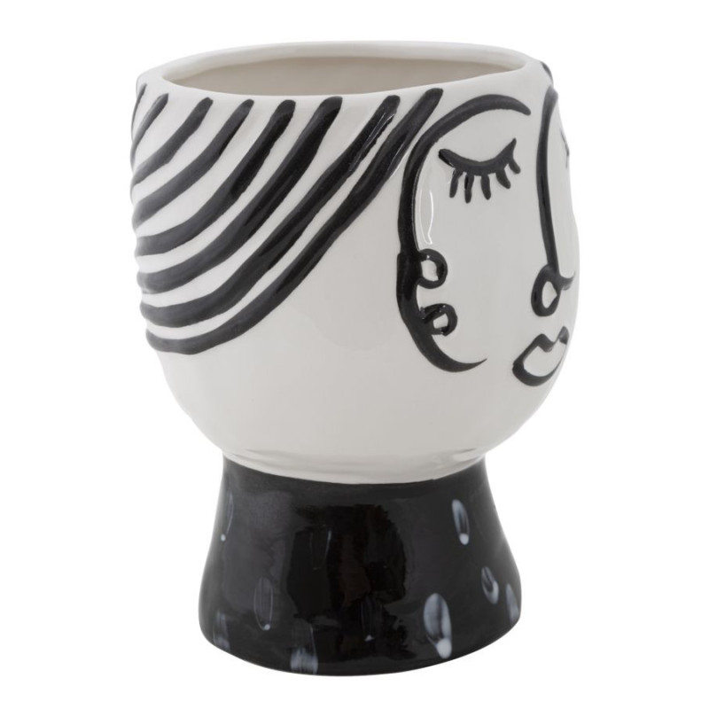Vase moderne sur pied Visage abstrait Rond Hauteur 18 cm en Porcelaine Noir Blanc Face 