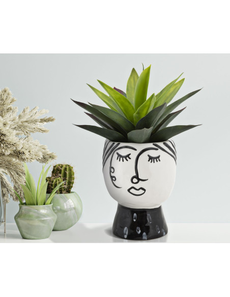 Vase moderne sur pied Visage abstrait Rond Hauteur 18 cm en Porcelaine Noir Blanc Face 