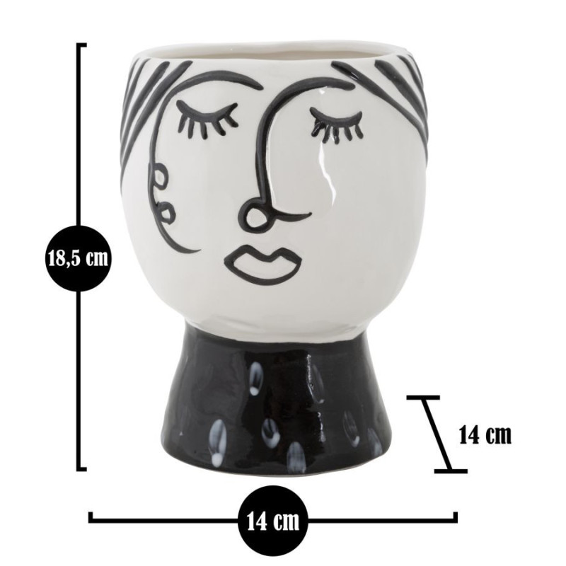 Vase moderne sur pied Visage abstrait Rond Hauteur 18 cm en Porcelaine Noir Blanc Face 