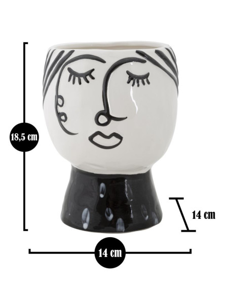 Vase moderne sur pied Visage abstrait Rond Hauteur 18 cm en Porcelaine Noir Blanc Face 
