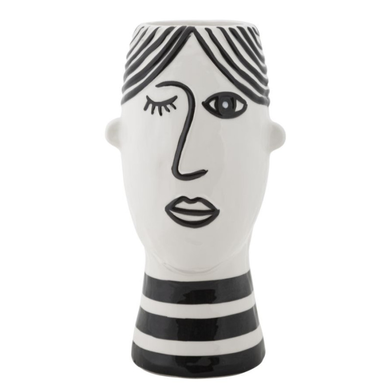 Vase moderne Visage abstrait Rond Hauteur 26 cm en Porcelaine Noir Blanc Face 