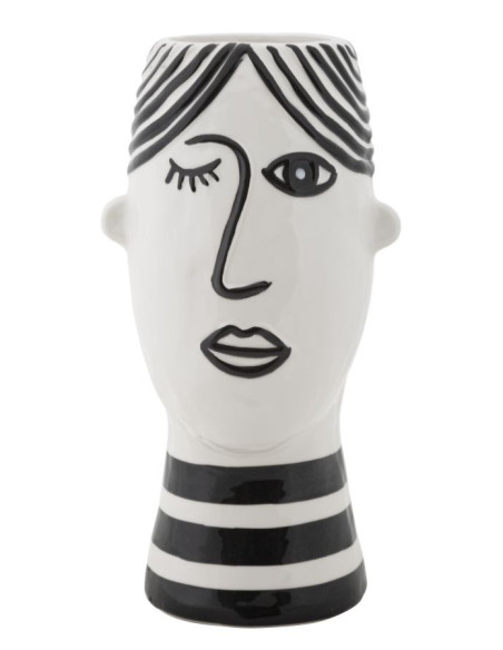 Vase moderne Visage abstrait Rond Hauteur 26 cm en Porcelaine Noir Blanc Face 