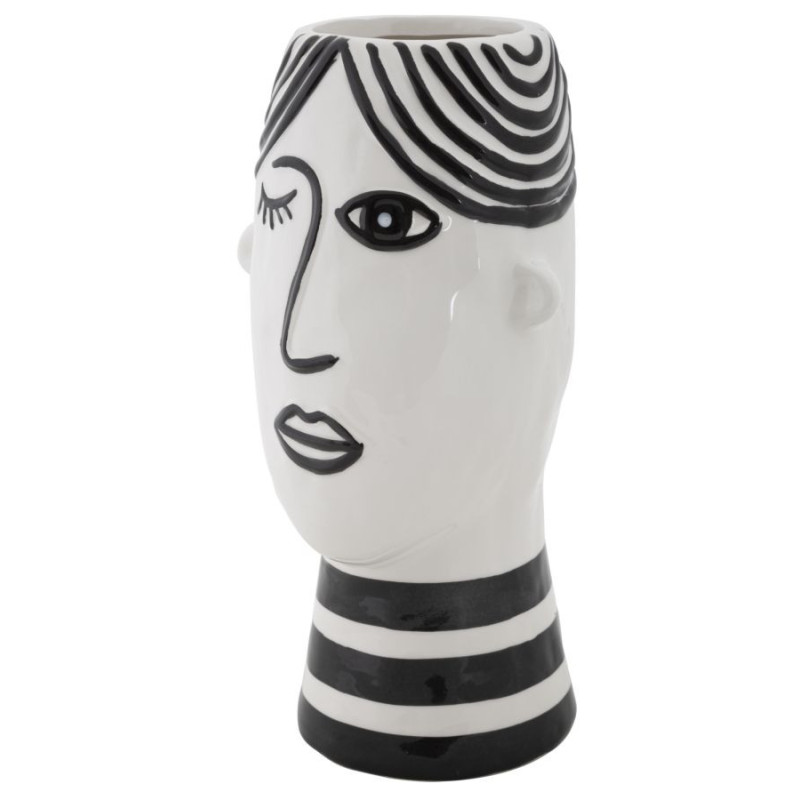 Vase moderne Visage abstrait Rond Hauteur 26 cm en Porcelaine Noir Blanc Face 