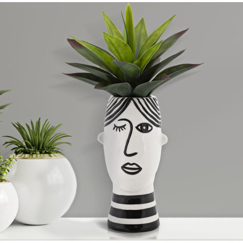 Vase moderne Visage abstrait Rond Hauteur 26 cm en Porcelaine Noir Blanc Face 