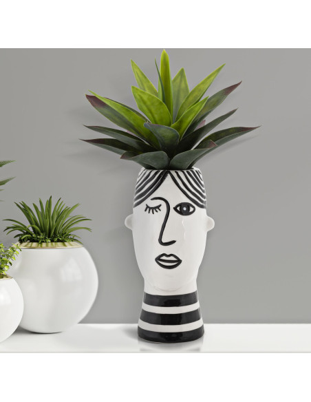 Vase moderne Visage abstrait Rond Hauteur 26 cm en Porcelaine Noir Blanc Face 