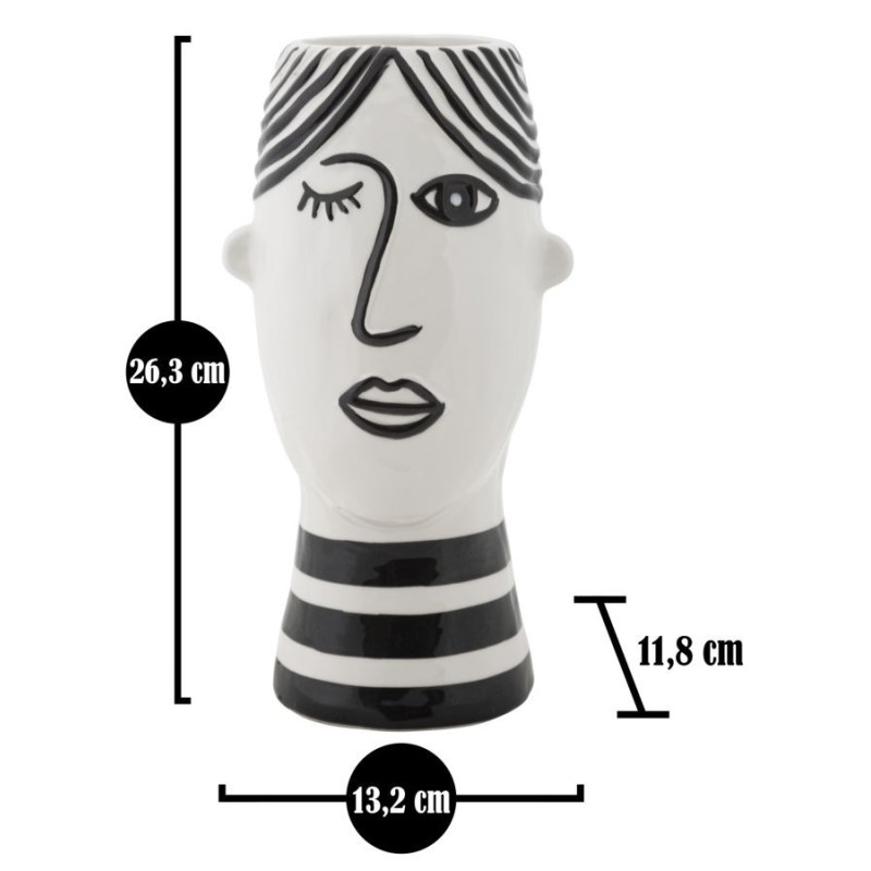 Vase moderne Visage abstrait Rond Hauteur 26 cm en Porcelaine Noir Blanc Face 