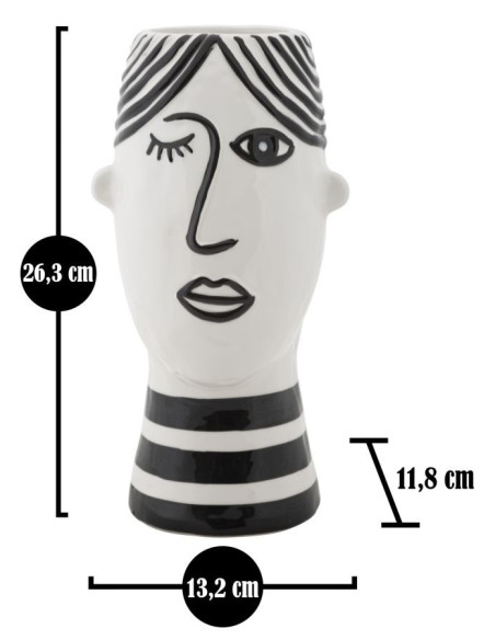 Vase moderne Visage abstrait Rond Hauteur 26 cm en Porcelaine Noir Blanc Face 