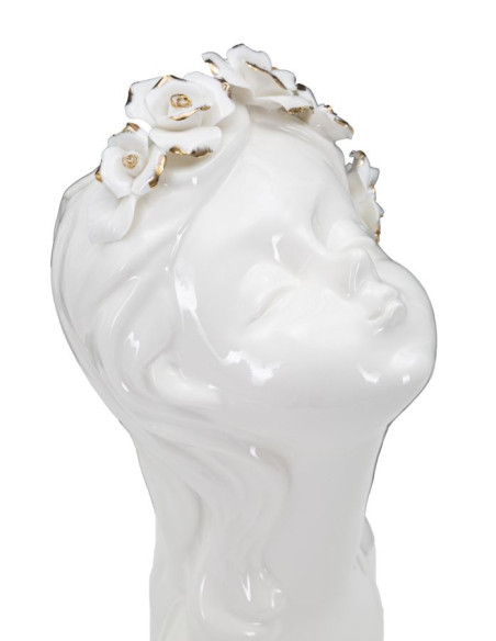 Vase original Fillette avec fleurs Rond Hauteur 26 cm en Porcelaine Blanc Doré Lady Roses 