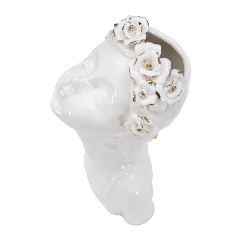 Vase original Fillette avec fleurs Rond Hauteur 26 cm en Porcelaine Blanc Doré Lady Roses 