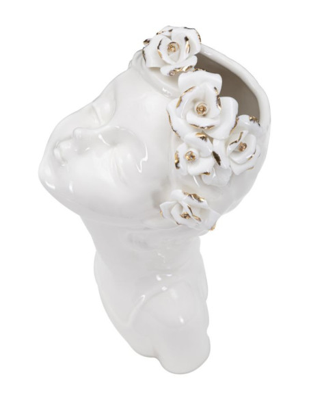 Vase original Fillette avec fleurs Rond Hauteur 26 cm en Porcelaine Blanc Doré Lady Roses 