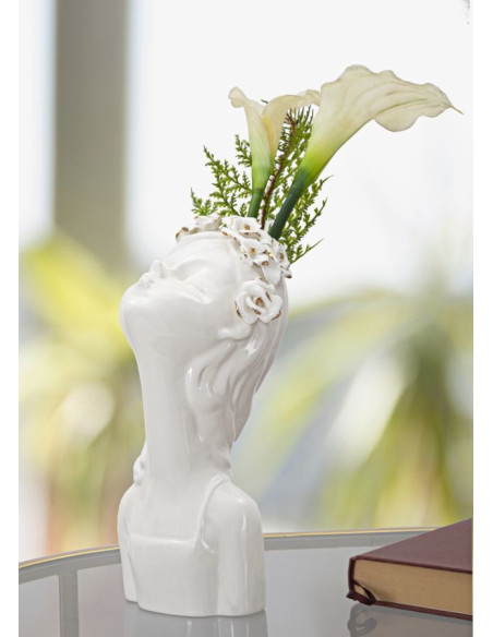 Vase original Fillette avec fleurs Rond Hauteur 26 cm en Porcelaine Blanc Doré Lady Roses 