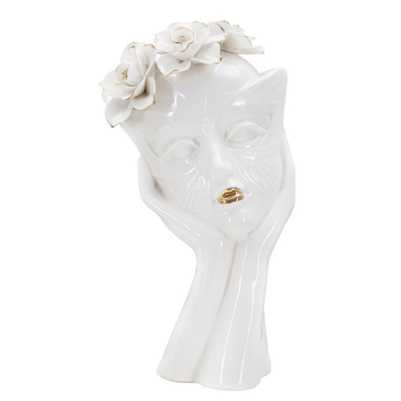 Vase original Femme avec Fleurs Rond Hauteur 27 cm en Porcelaine Blanc Doré Woman Mask 